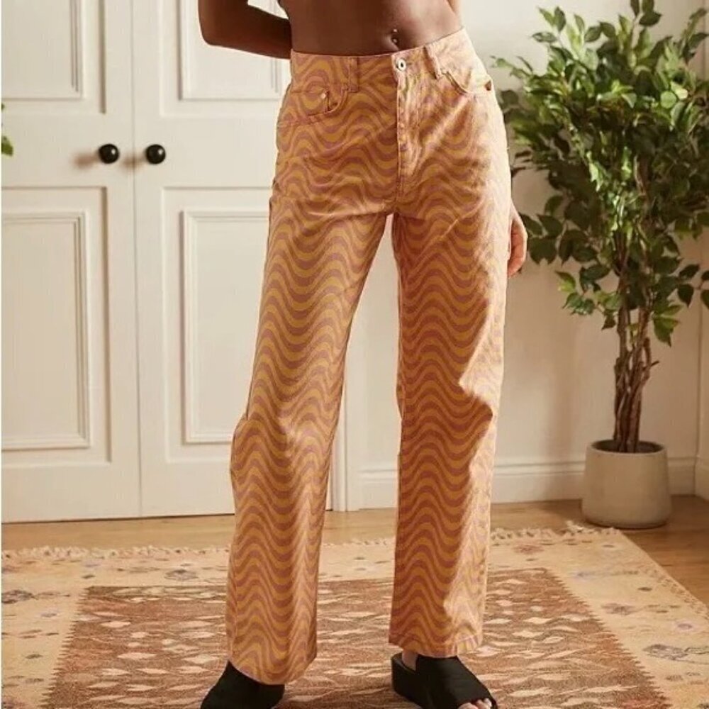 The Ragged Priest Wave-Print Wide Leg Jeans in Peach and Yellow